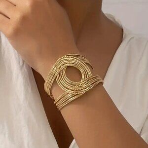 Gold Tone Intertwined Rope Open Cuff Bracelet Bohemian Statement Jewelry